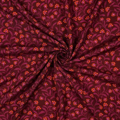 Tissu Viscose imprimé Irina fleurs Fuschia et Corail sur fond Bordeaux - Par 10 cm