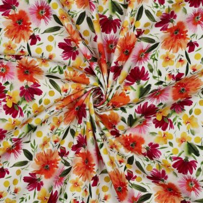 Tissu Viscose stretch Digital Mélodie fleurs Orange sur fond Blanc cassé - Par 10 cm