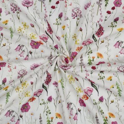 Tissu Voile de Coton digital Louisa fleurs sauvage sur fond Blanc cassé - Par 10 cm