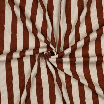 Tissu Jersey cotêlé Bio Poppy rayures Bordeaux sur fond Naturel - Par 10 cm