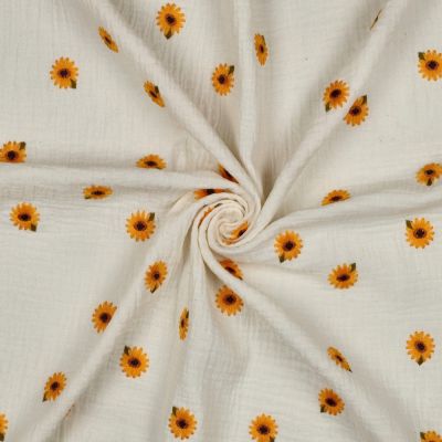 Tissu Double gaze de Coton Mia petits tournesols brodé Jaune sur fond Ecru - Par 10 cm