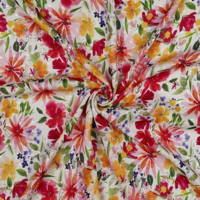 Tissu Plumetis Viscose digital Isolde prairie printanière sur fond Blanc cassé - Par 10 cm