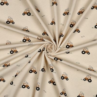 Tissu Jersey Coton Bio Nathan petits tracteurs sur fond Naturel - Par 10 cm