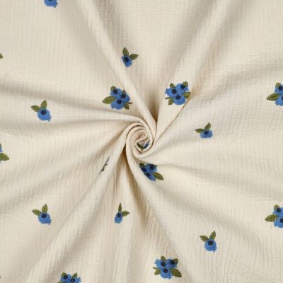 Tissu Double gaze de Coton brodé Myrtille sur fond Ecru - Par 10 cm