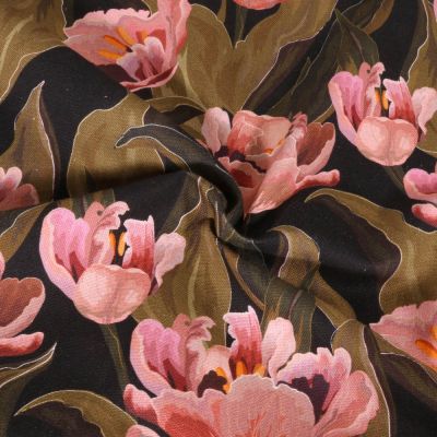 Tissu Toile de Coton Canvas Digital Fleurs botaniques vintage sur fond Noir - Par 10 cm