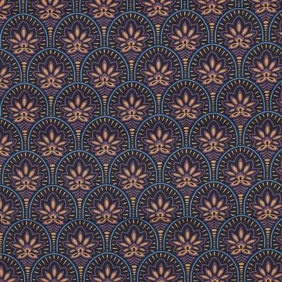 Tissu Coton enduit Art déco sur fond Bleu foncé - Par 10 cm