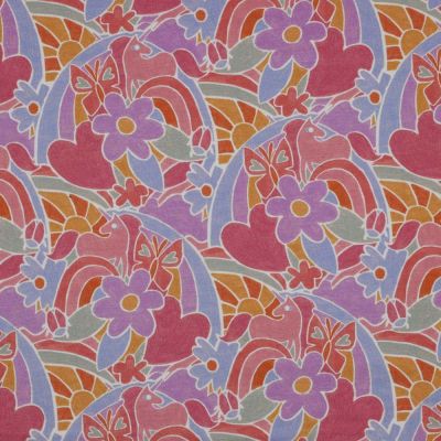Tissu Sweat léger French Terry Fleurs et licornes sur fond Lilas - Par 10 cm