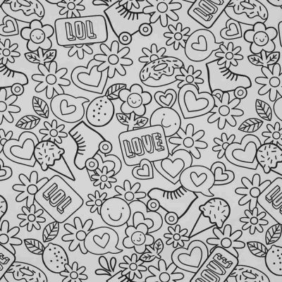 Tissu Coton à colorier Arty Love sur fond Blanc - Par 10 cm