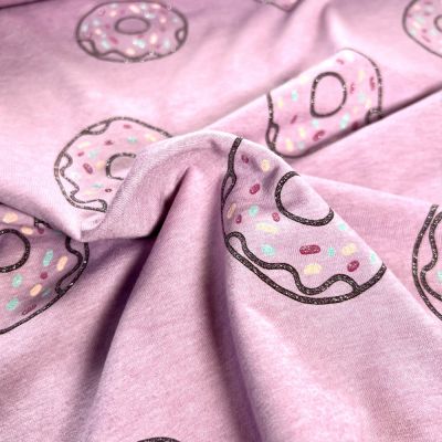 Tissu Jersey Mélangé Donuts pailletés sur fond Rose chiné - Par 10 cm