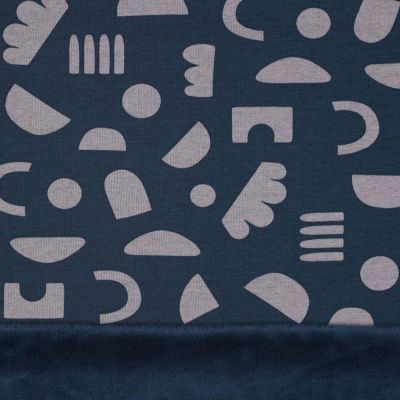 Tissu Sweat envers minky motifs géo sur fond Bleu canard - Par 10 cm