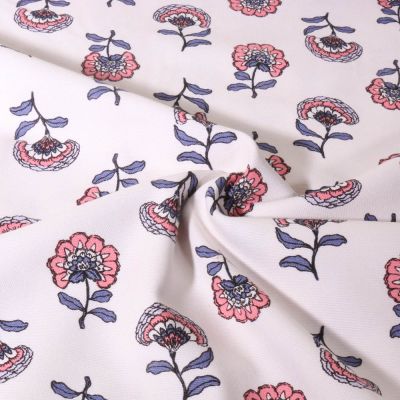 Tissu Toile de Coton Canvas Poppy Fleuris rose et parme sur fond Blanc - Par 10 cm