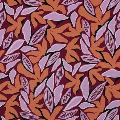 Tissu Viscose Lia feuilles parme sur fond Violine - Par 10 cm