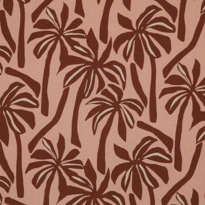 Tissu Viscose légère Palmier sur fond Rose corail - Par 10 cm