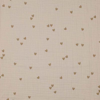 Tissu Double gaze Petits coeurs beige foncé sur fond Beige - Par 10 cm