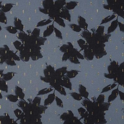 Tissu Viscose Feuilles et pointillés lurex sur fond Bleu ancien - Par 10 cm