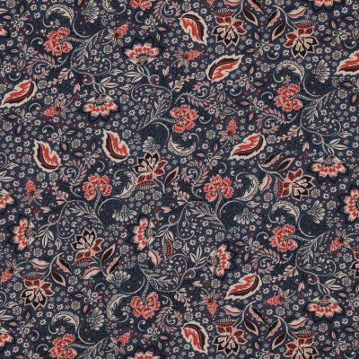 Tissu Popeline de Viscose extensible Floral sur fond Bleu ancien - Par 10 cm