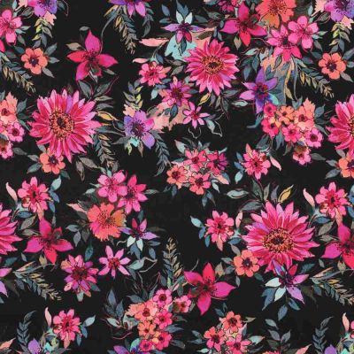 Tissu  Coton  imprimé rose Florazia sur fond Noir profond - Par 10 cm