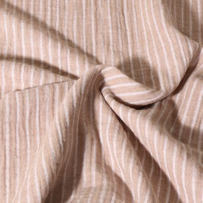 Tissu Double gaze de Coton Poppy Rayé blanc sur fond Beige - Par 10 cm