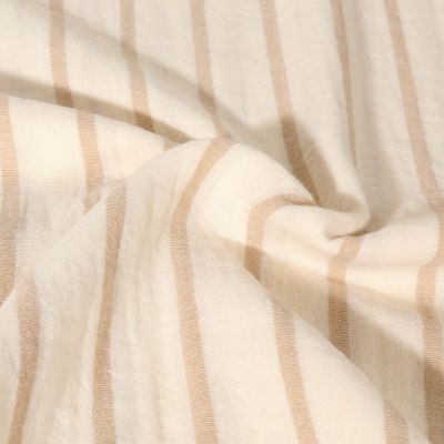 Tissu Double Gaze de Coton Teint en fil rayé beige sur fond Ecru - Par 10 cm