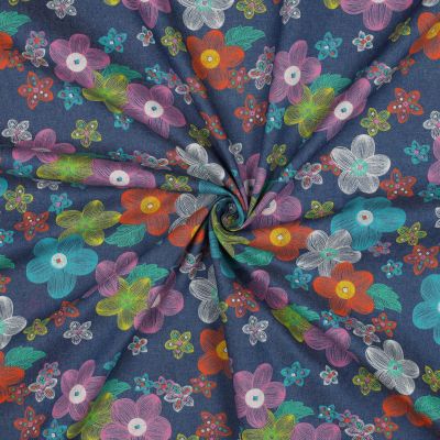 Tissu Chambray Coton imprimé Fleuris sur fond Bleu marine - Par 10 cm