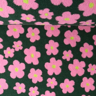 Tissu Sherpa Elya fleurs Roses sur fond Vert kaki foncé - Par 10 cm