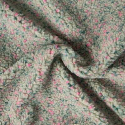 Tissu Fausse fourrure Mouton Toundra moucheté Rose et Vert sur fond Vert d&#039;eau - Par 10 cm
