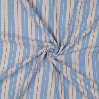 Tissu Double gaze de Coton rayures Bleu et Framboise sur fond Blanc cassé - Par 10 cm