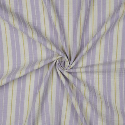 Tissu Double gaze de Coton Rayures Lilas et Moutarde sur fond Blanc cassé - Par 10 cm
