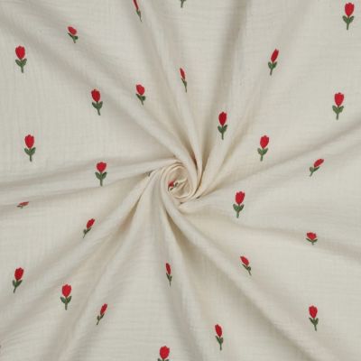 Tissu Double gaze de Coton Tulipes Rouge brodé sur fond Ecru - Par 10 cm