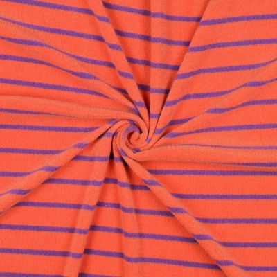 Tissu Jersey Eponge Rayures violettes sur fond Orange - Par 10 cm