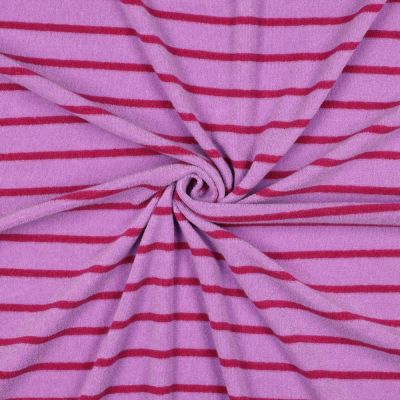 Tissu Jersey Eponge Rayures Framboise sur fond Lilas - Par 10 cm