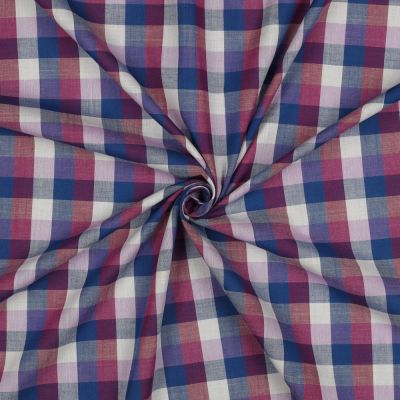 Tissu Coton fil teint carreaux Bleu, Rose Framboise &amp; Lila sur fond Blanc - Par 10 cm