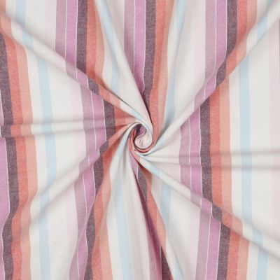Tissu Coton fil teint rayé pastels Rose, Corail, Lilas &amp; Bleu ciel sur fond Blanc - Par 10 cm