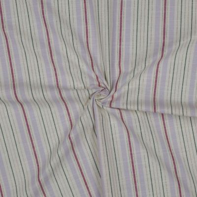 Tissu Coton fil teint rayé Lurex Lilas, Framboise &amp; Vert sauge sur fond Ecru - Par 10 cm