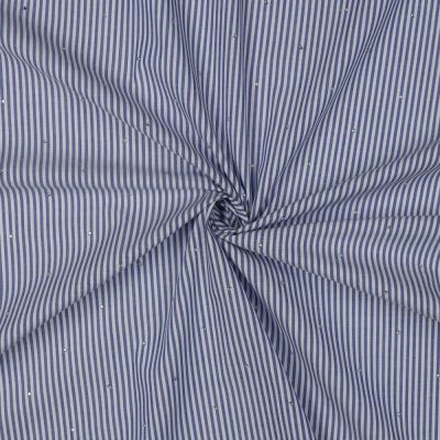 Tissu Coton fil teint rayé Bleu et strass sur fond Blanc cassé - Par 10 cm