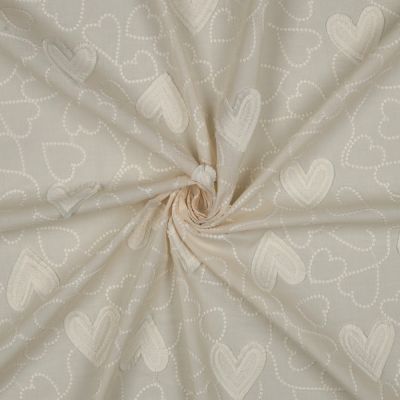 Tissu Coton brodé Coeurs sur fond Ecru - Par 10 cm