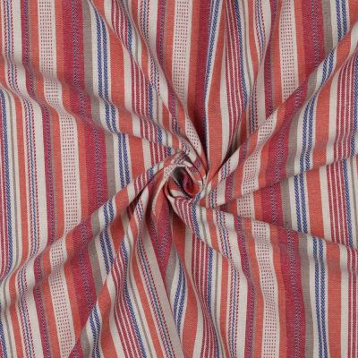 Tissu Lin Viscose fil teint rayures Rouge et Bleu sur fond Ecru - Par 10 cm