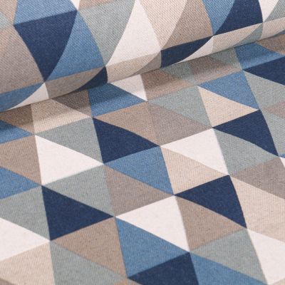 Tissu Toile de Coton Triangles bleus et taupe sur fond Naturel - Par 10 cm