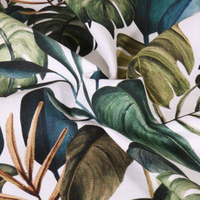 Tissu Toile de Coton Canvas Feuilles tropicales sur fond Blanc - Par 10 cm