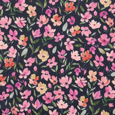 Tissu Velours milleraies Poppy Fleurs roses sur fond Bleu marine - Par 10 cm