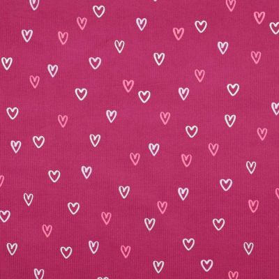 Tissu Velours milleraies imprimé Coeurs roses sur fond Rose fuchsia - Par 10 cm