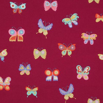 Tissu Popeline de Coton  papillons Popi multicolores sur fond Bordeaux - Par 10 cm