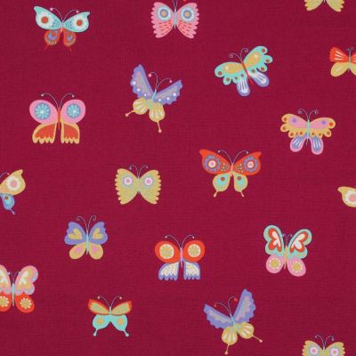 Tissu Coton imprimé Poppy Papillons glitter sur fond Magenta fuschia - Par 10 cm