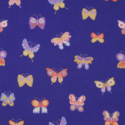 Tissu Coton imprimé Poppy Papillons glitter sur fond Bleu cobalt - Par 10 cm