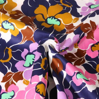 Tissu Coton Satiné Fleurs oversize abstraites sur fond Bleu marine - Par 10 cm