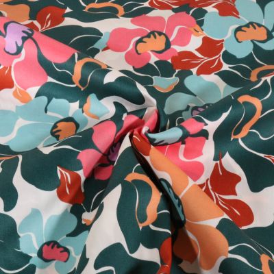 Tissu Coton Satiné Fleurs oversize abstraites sur fond Vert profond - Par 10 cm