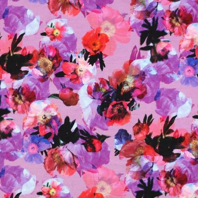 Tissu Sweat léger French Terry digital Fleurs violettes et roses sur fond Parme - Par 10 cm