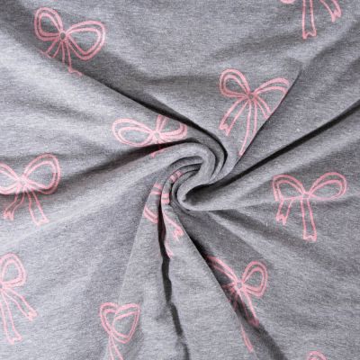 Tissu Jersey Mélangé Poppy Noeuds pailletés roses sur fond Gris chiné - Par 10 cm