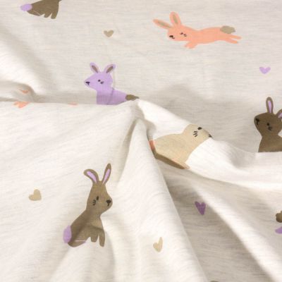 Tissu Jersey Polycoton Poppy Lapinou sur fond Ecru chiné - Par 10 cm