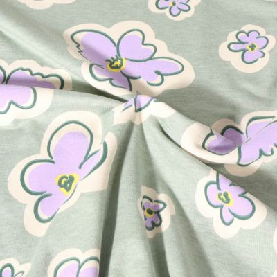Tissu Jersey Polycoton Poppy Fleurs lilas sur fond Vert menthe - Par 10 cm